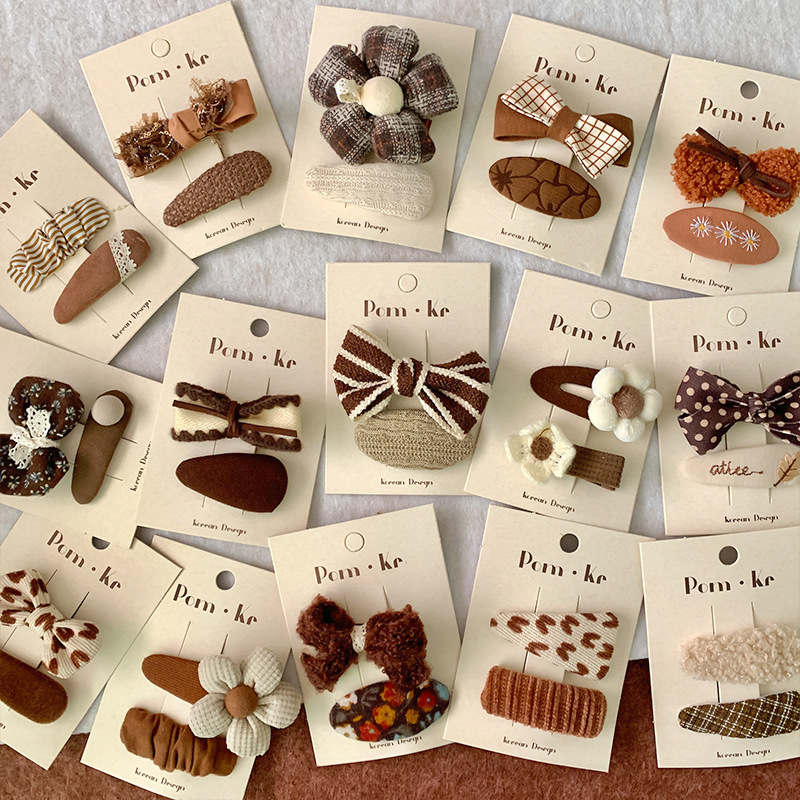 韩版布艺女童bb夹奶咖色花朵蝴蝶结波点发夹三角水滴发饰刘海夹