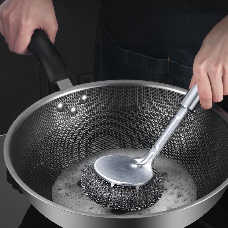 Stainless steel pot brush cleaning ball brush long-handled pot brush cleaning pot brush does not damage the pot, can replace steel wool ball pot cleaning magic tool details Picture