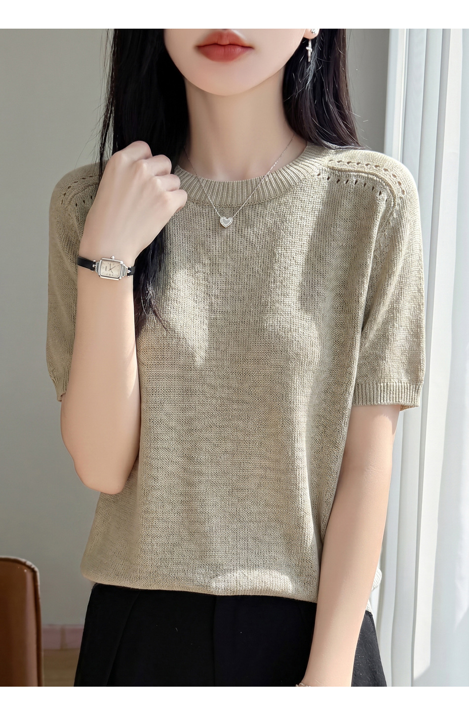 Spring/Summer 2026 new Tencel linen one-piece ready-to-wear round-neck knitted sweater short-sleeved solid color hollowed-out T-shirt top pic 16