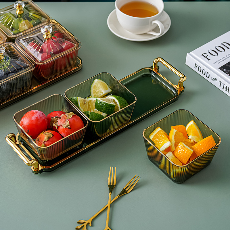 Creative grid platter, light luxury snack plate, home living room coffee table, fruit plate, plastic dried fruit plate, snack nut box, golden castle vase Application Scenario