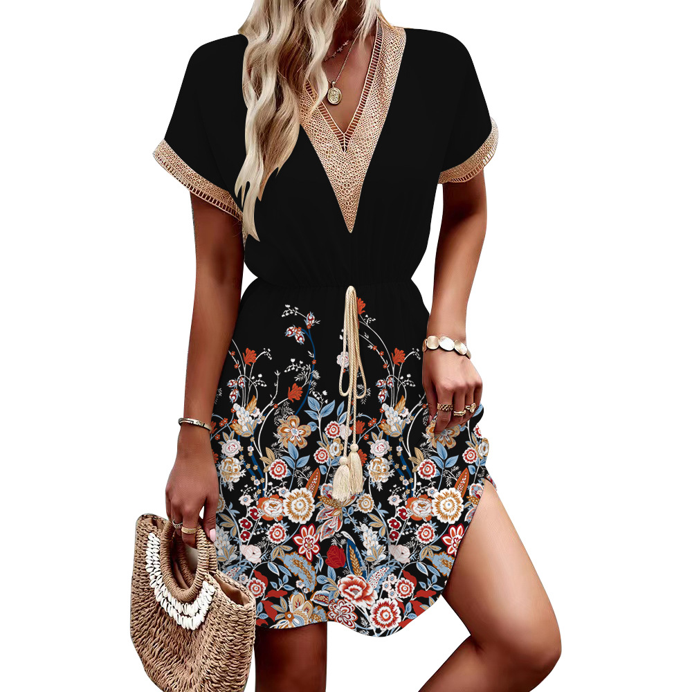 Amazon's 2023 Spring/Summer new Spring/Summer printed short-sleeved lace V-neck cinched waist large swing dress for cross-border trade with Europe and America Item Picture