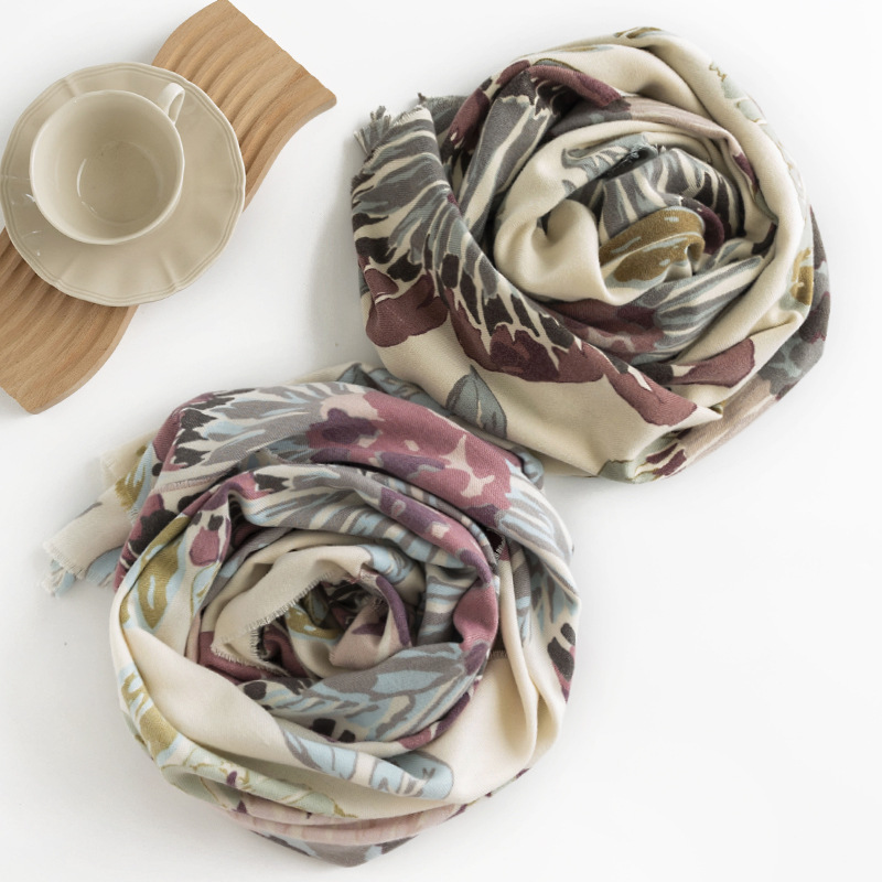 2023 Printed Scarf Women's Winter New Imitation Cashmere Scarf Warm Cold Neck Literary Retro Style Cape Specification drawing