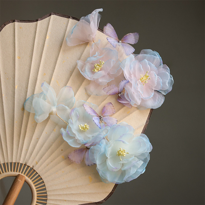 Spring embossed silk flower hair clips, ancient-style Hanfu, peony lace clips, flower headwear, atmosphere, horse face skirt with hair accessories details Picture
