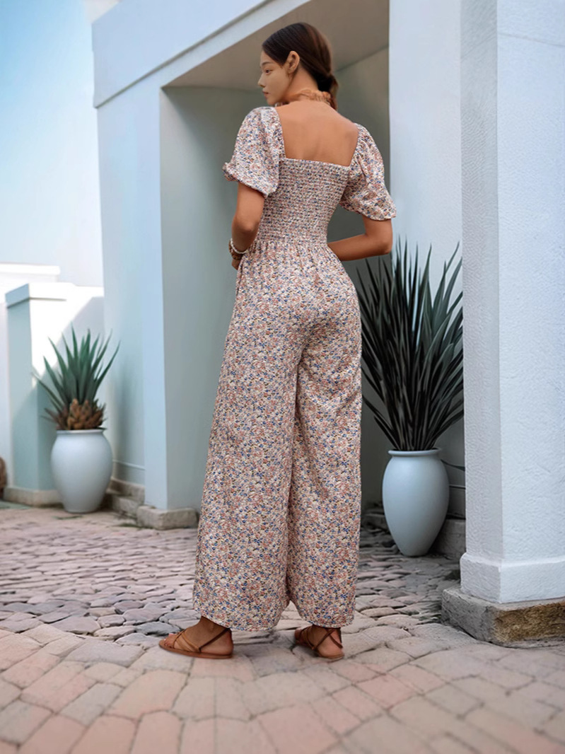 Amazon cross-border European and American women's clothing spring and summer fashion printed V-neck cinched waist long dress high-waisted short-sleeved dress Application Scenario