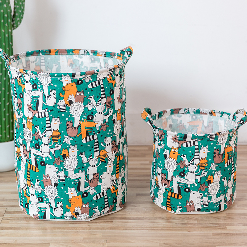 Cotton Linen Cartoon Fabric Dirty Clothes Basket Collapsible Waterproof Dirty Clothes Basket Round Fabric Storage Bucket Wholesale Canvas Large details Picture
