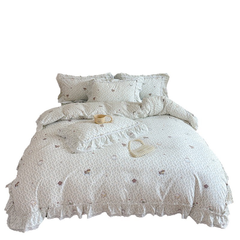 Spring and Summer new style washed cotton four-piece set, Korean princess-style bed cover, small floral lace quilt cover, bedding set, moisture-proof mattress Application Scenario