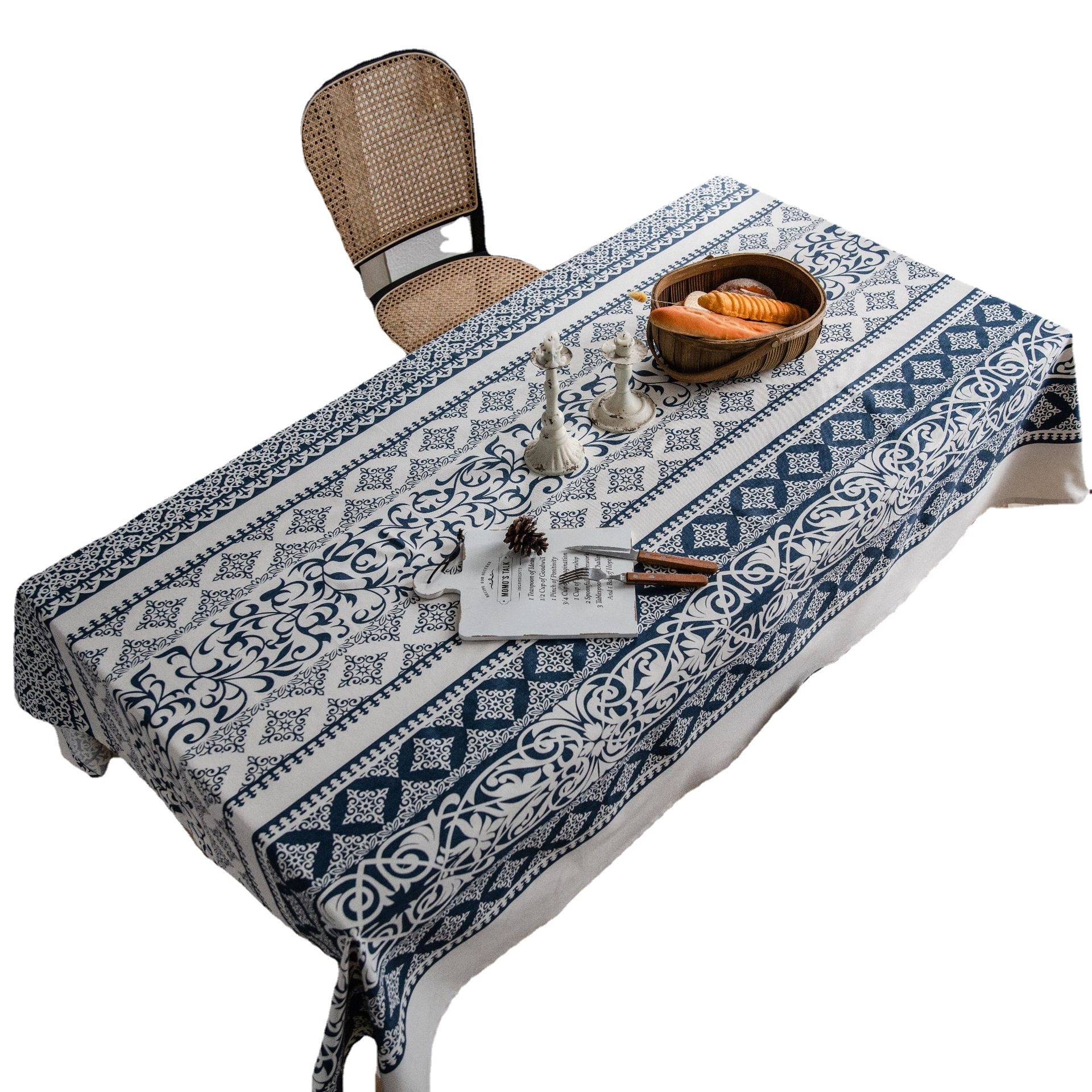 Iman Qi Yun tablecloth, cotton and linen printed blue and white porcelain vintage tablecloth, restaurant fabric, table cloth, tablecloth, kitchen Item Picture