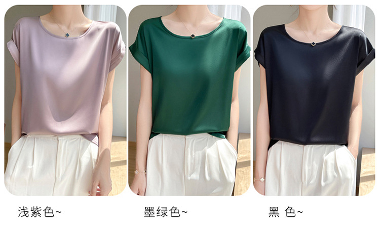 A new summer collection of silk top, short-sleeved T-shirt, simple and loose, round-neck mulberry silk tank top with acetate satin pic 9