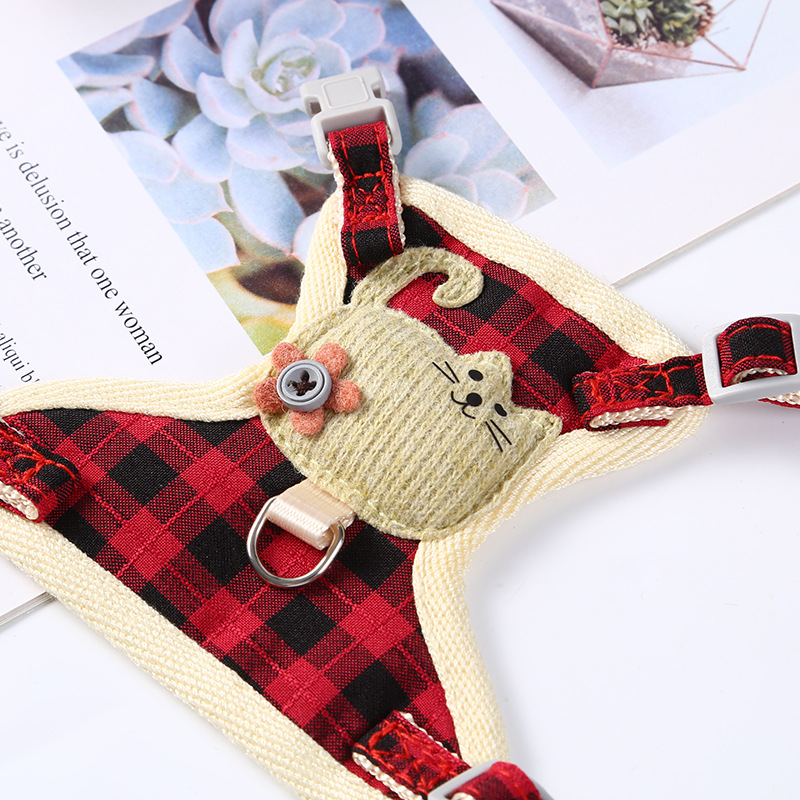 Pet cat supplies: anti-break, breathable, adjustable mid-grid cat chest strap, vest cat leash details Picture