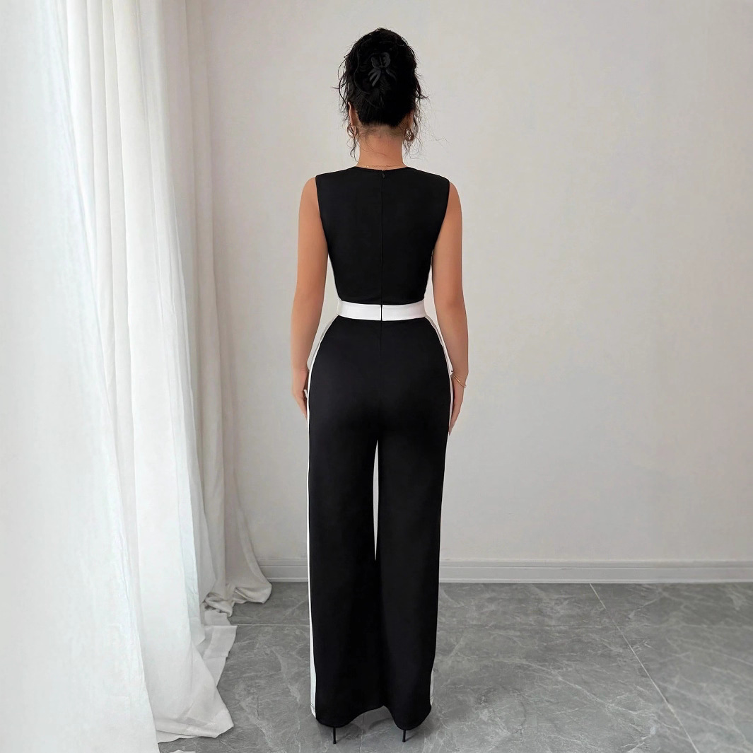 Cross-border European and American women's clothing 2025 Women's Spring and Summer vacation style European and American style two-color sleeveless wide-leg jumpsuit details Picture