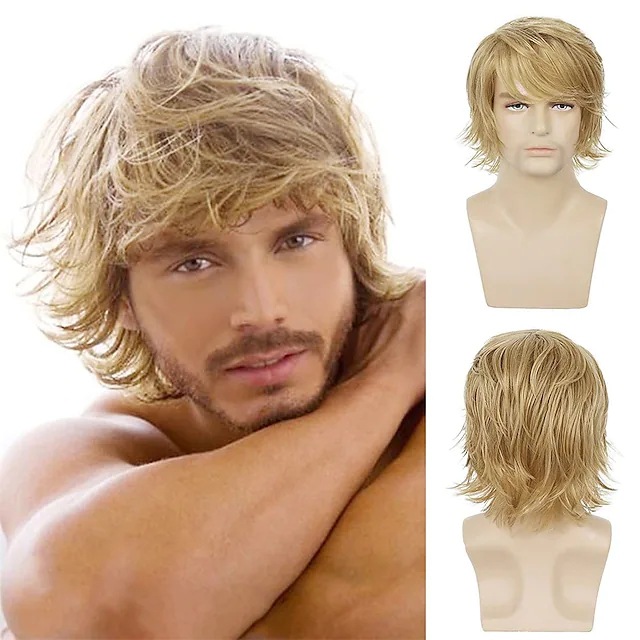 A 12-inch American and British synthetic wig with a golden upturned short curly hair and side-swept bangs, designed for men