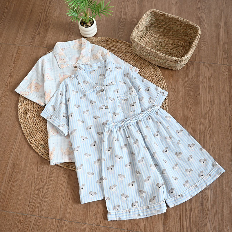 Summer gauze short-sleeved, long pants, short pants, pajama set for women, breathable pure cotton lapel loose cartoon thin home wear Item Picture
