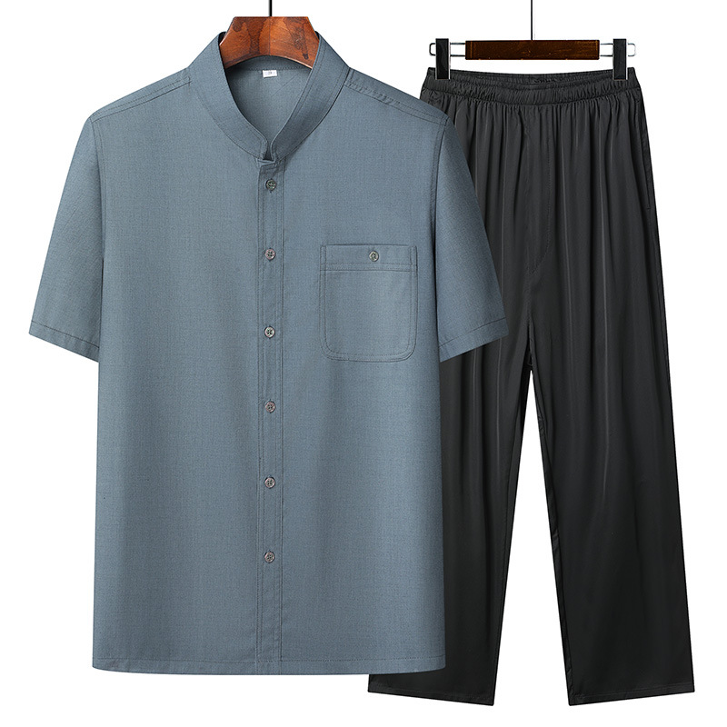 Middle-Aged And Elderly Men's Summer Two-Piece Set 2023 New Shirt Solid Color Mercerized Cotton Breathable Big Size Dad Suit