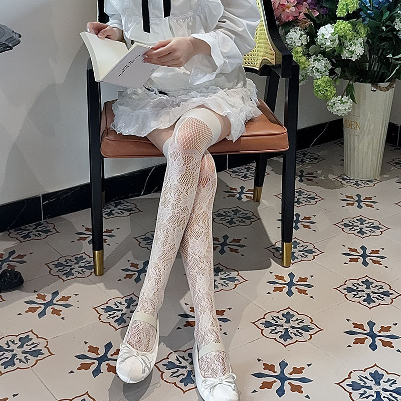 2025春夏新款花朵条纹镂空蕾丝精编木耳边女士堆堆袜子过膝长筒袜详情23