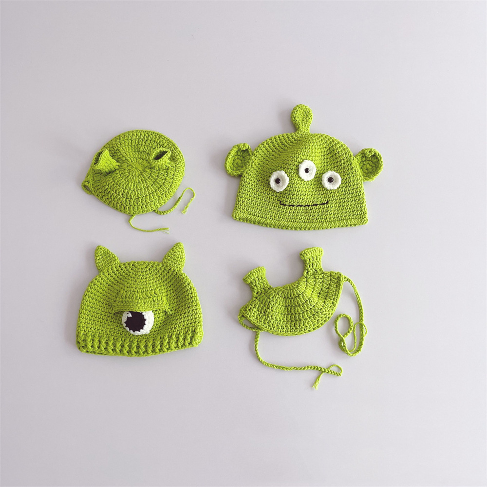 ins children's green woolen hats, hand-knitted for autumn and winter with big eyes and ears, funny knitted hats for boys and girls details Picture