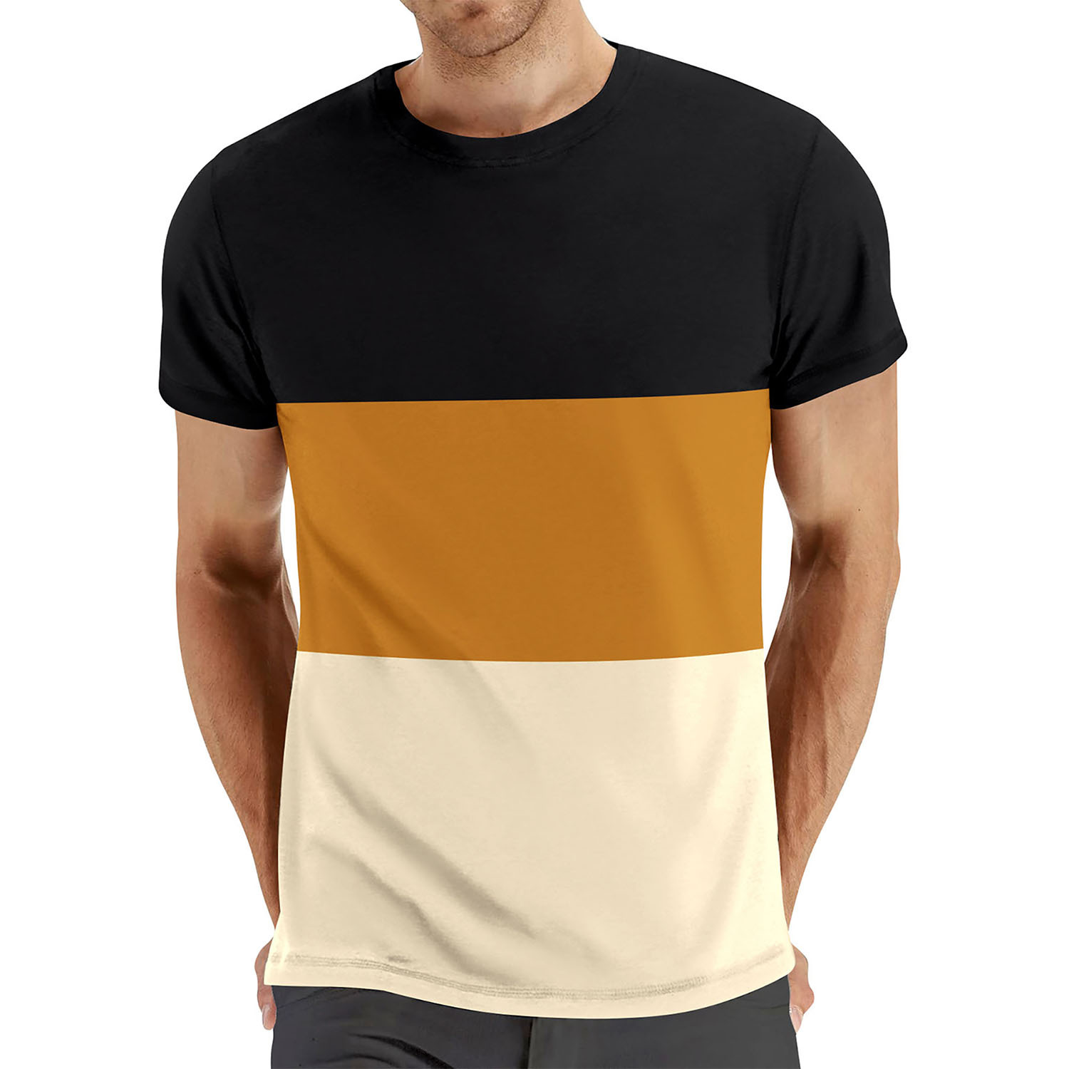 Amazon summer plus-size casual round-neck short-sleeved men's top, cross-border color-blocked men's fashionable fitness and sports T-shirt details Picture