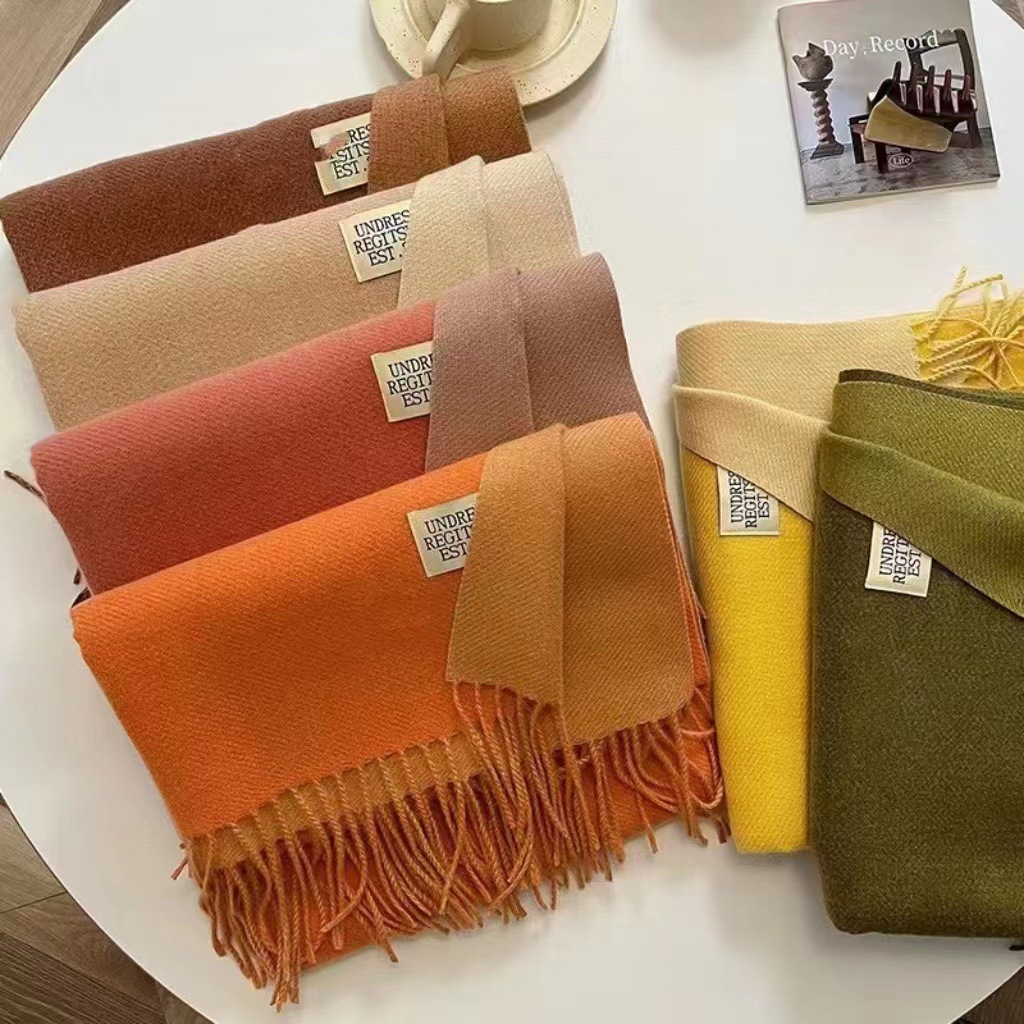 New Korean version double-sided solid color faux cashmere scarf for women, thickened scarf for autumn and winter, Japanese-style fringed fabric label scarf shawl Item Picture