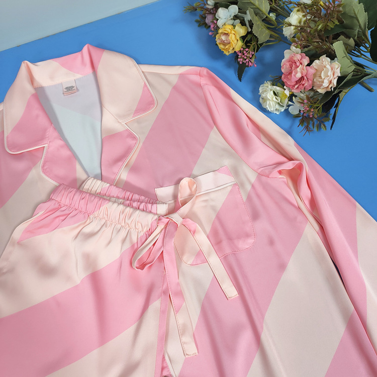 春秋热巴同款粉红色条纹冰丝睡衣长袖套装现货无痕代发详情图3