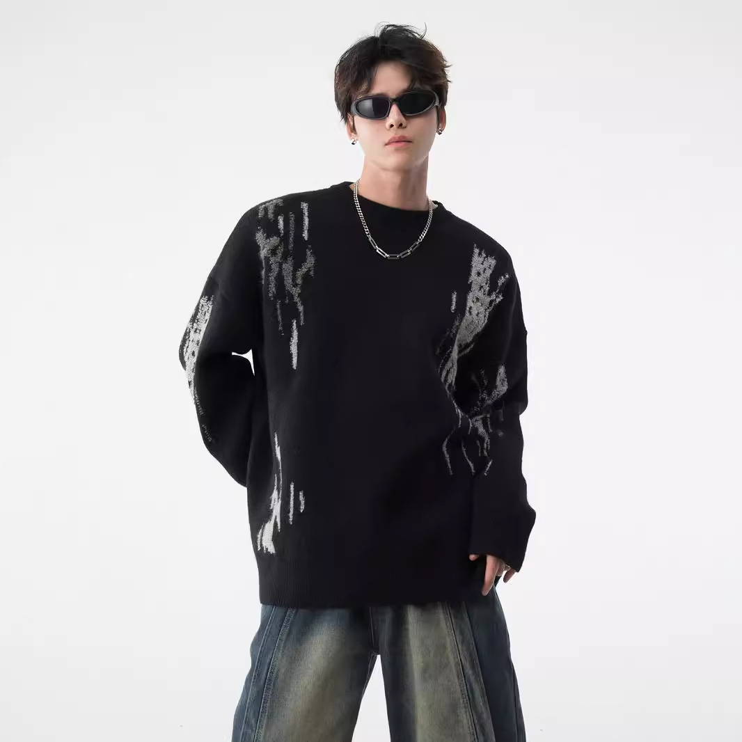 美式圆领毛衣男秋冬季ins潮牌小众设计感植绒宽松百搭情侣针织衫