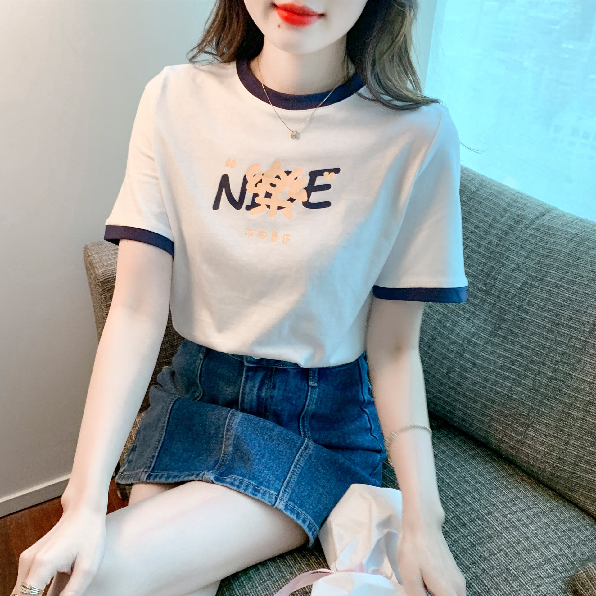 Summer pure cotton off-the-shoulder short-sleeved T-shirt for women, 2022 new style, trendy and slimming for petite women