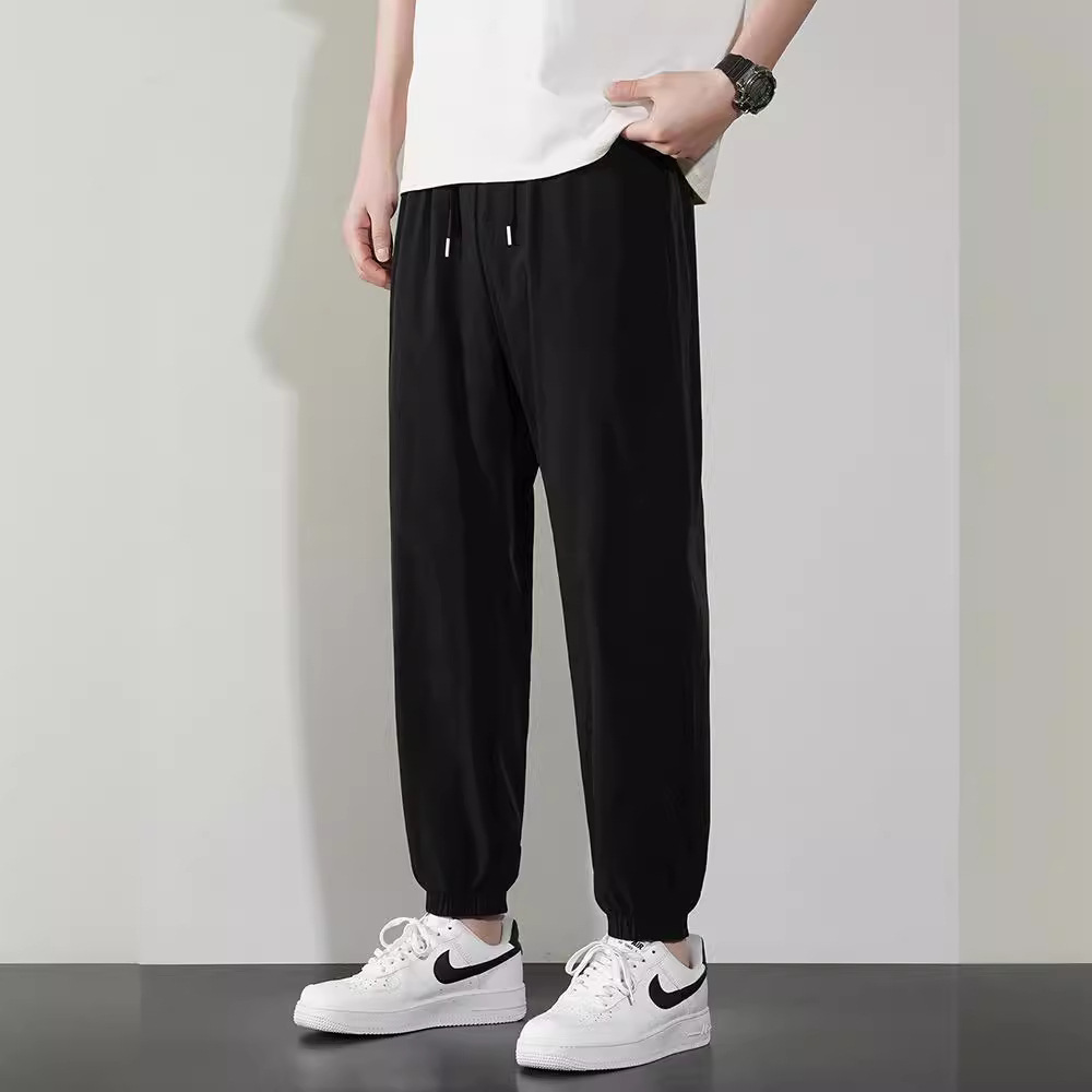 Summer men's loose ice silk tight-fitting trousers, thin, fashionable, sporty and casual pants, comfortable and breathable, 9-minute quick-drying pants Specification image