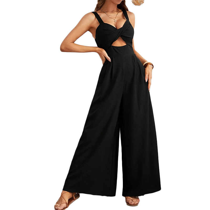 ZHMJP2316-BK European and American Amazon Cross-border Summer Women's Wear ins Fashion round-neck tie Slim Jumpsuit details Picture
