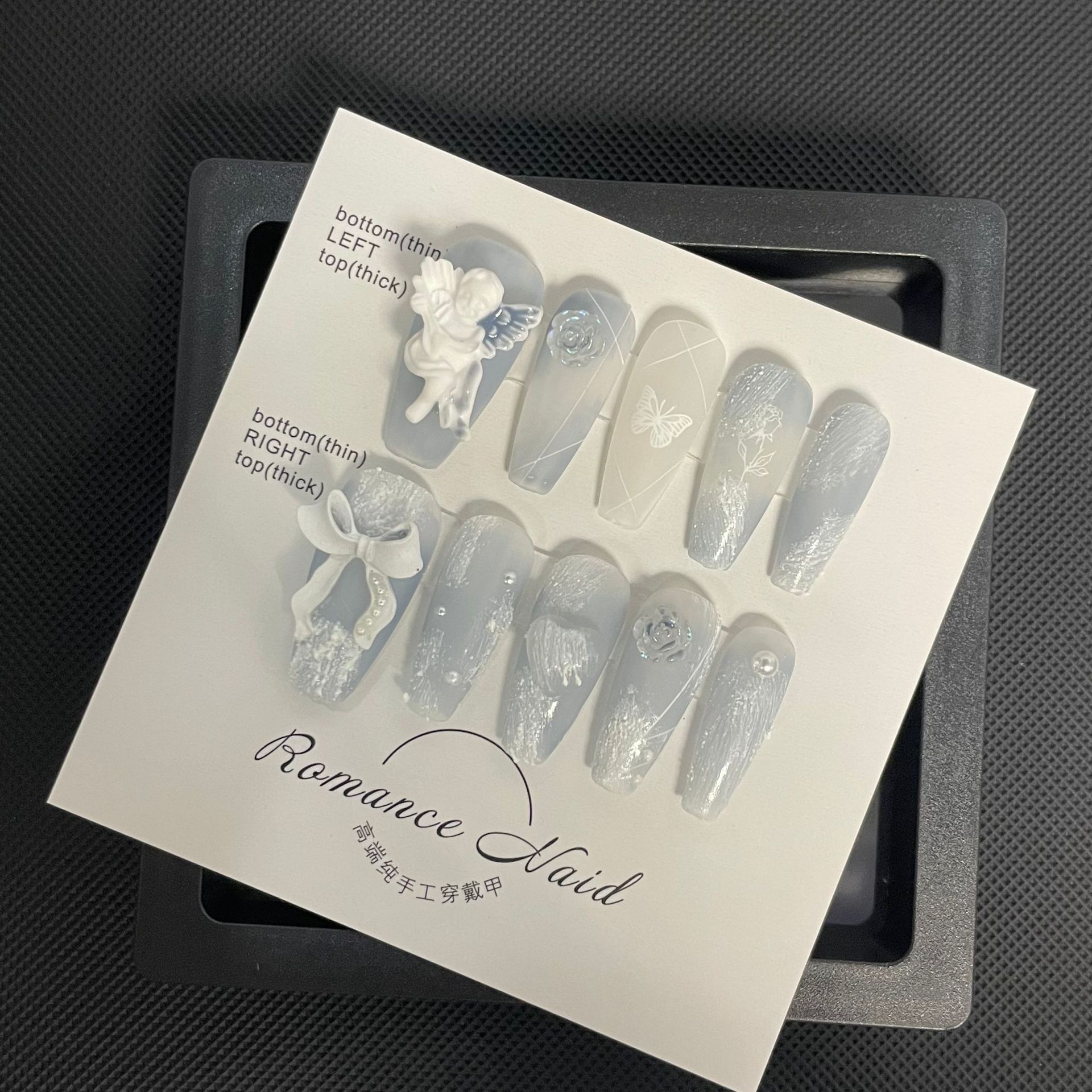 【 Pure Handcrafted Real Shot 】 Cold and misty misty blue gypsum angel rose handcrafted wearing armor false nail manicure Application Scenario