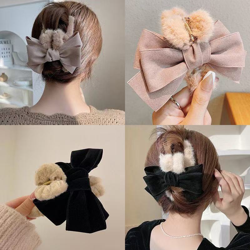 Bow-shaped plush hairpin for women's back head autumn and winter new large shark hairpin for updo and elegant hairpin accessory details Picture