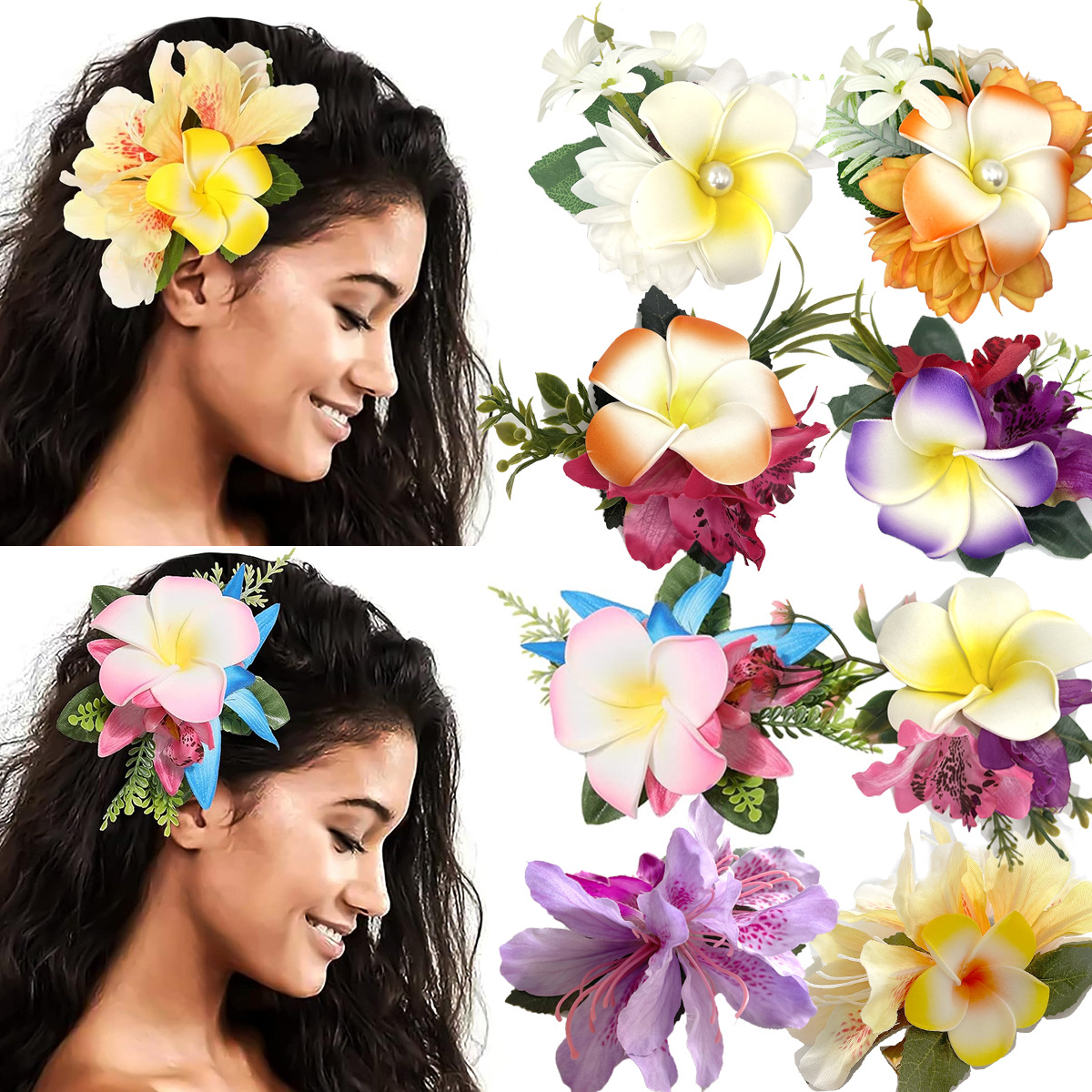 Hawaiian frangipani hair clips, Dai ethnic festival flower pearl side clips, women's beach vacation photo hair accessories full figure