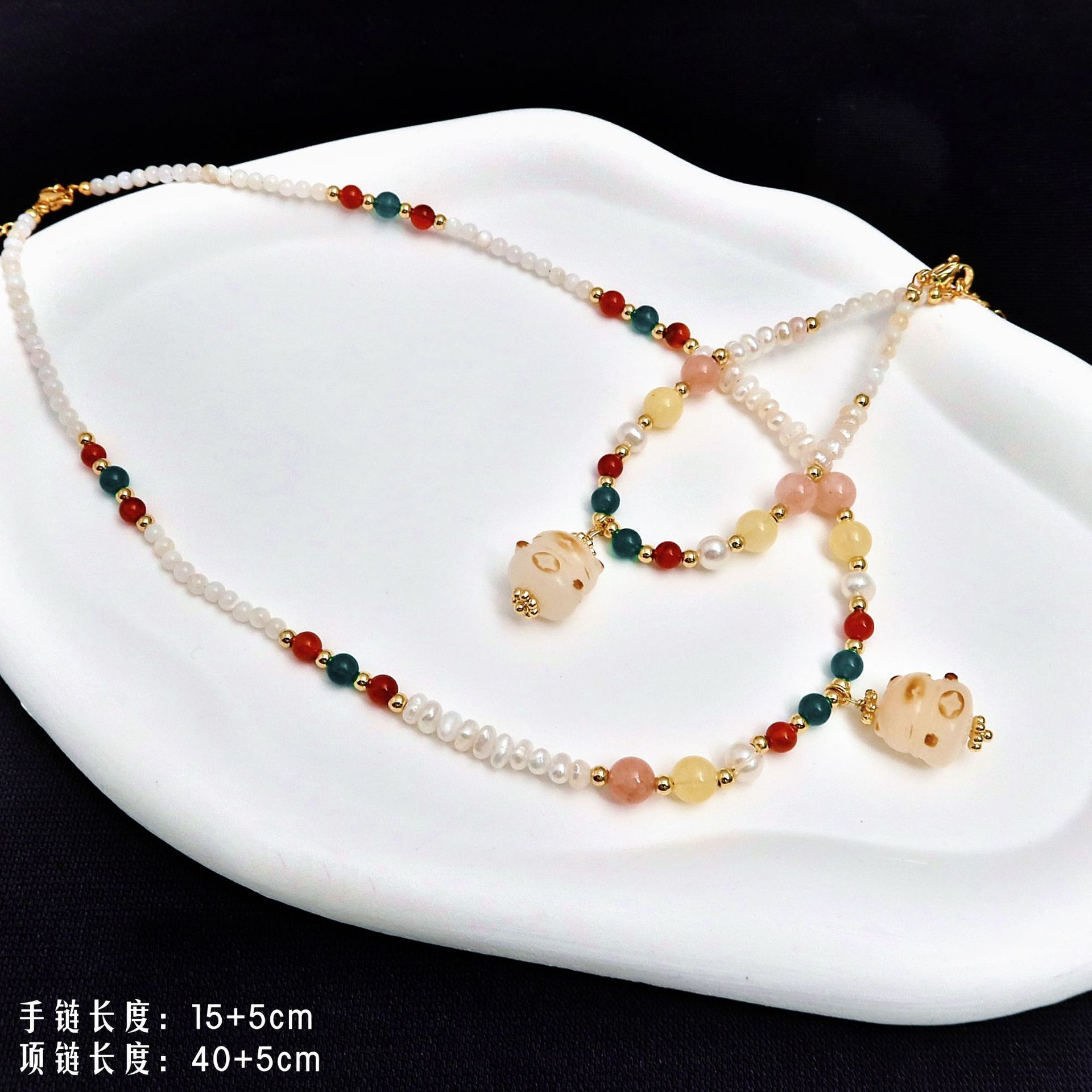 卡通动物天然水晶淡水珍珠手链项链招财猫手链可爱少女原创轻奢