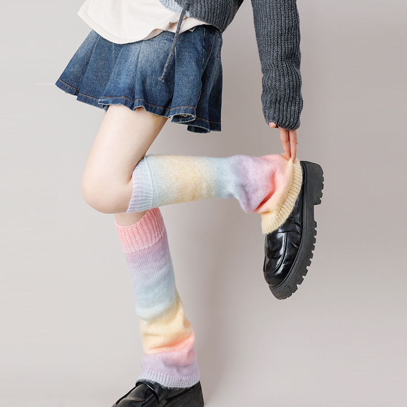 穿搭Jk渐变色针织堆堆袜套Y2K亚文化辣妹毛线腿套复古彩虹阔腿套