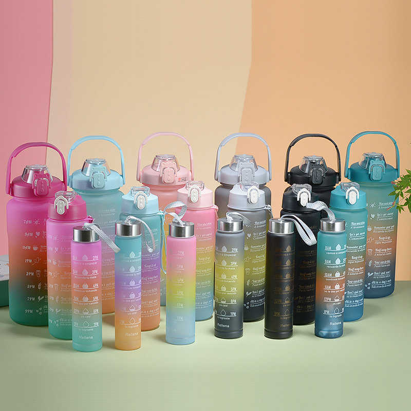 Amazon Outdoor large-capacity space cup, sports water bottle, frosted gradient color water cup sleeve, plastic cup three-piece set details Picture