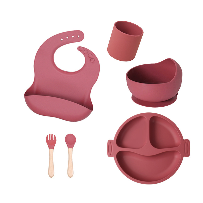 Baby complementary food bowl, children's silicone separated plate, wooden handle fork and spoon set, children's learning to eat silicone tableware plate
