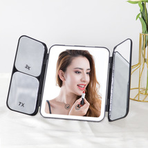 跨境多功能三面折叠化妆镜台式LED镜子带7x放大镜 壁挂带灯梳妆镜