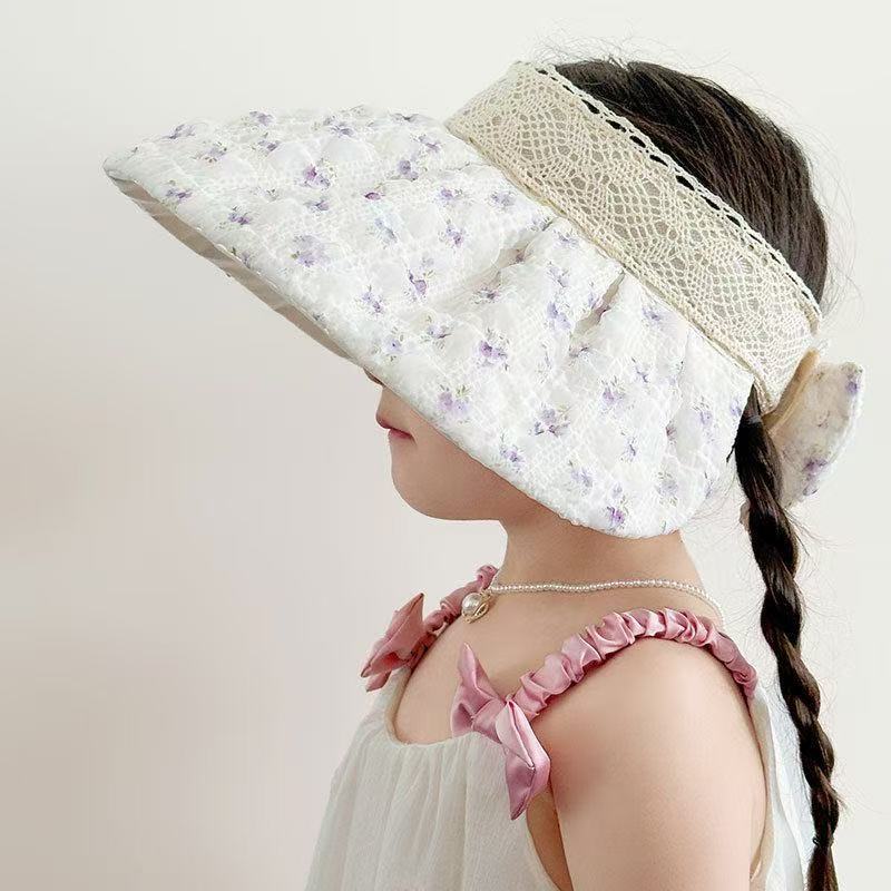 Spring and summer children's thin sun hats, girls' sweet princess empty top sun hats, small floral and large brim sun hats