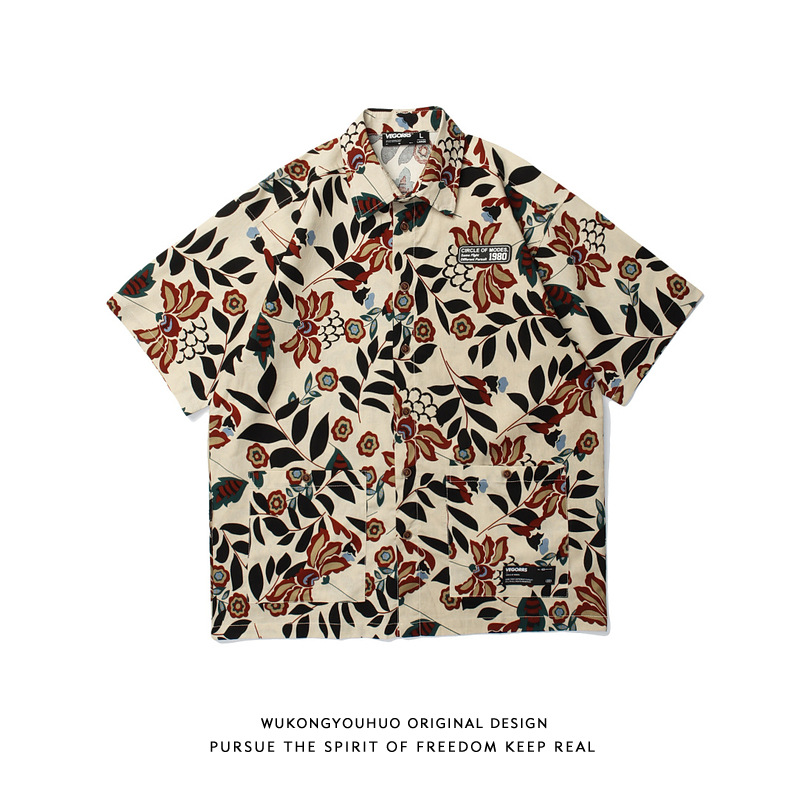 Wukong has a collection of Chinese trend retro floral printed short-sleeved shirts, men's street hip-hop loose and casual Hawaiian shirts details Picture