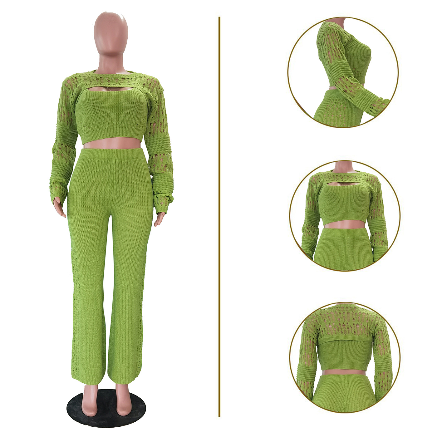 TS1340 Cross-border supply of new European and American women's casual cut-out knitted three-piece set Item Picture
