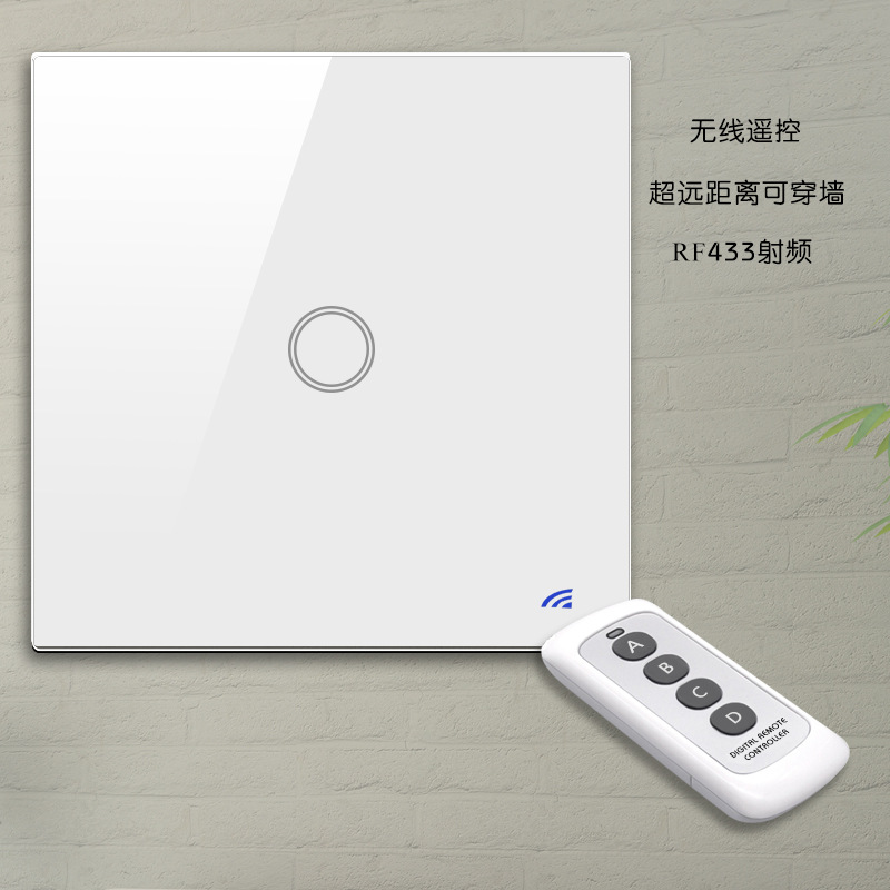 European standard 86 touch remote control switch, tempered glass panel, radio frequency 433 remote control single live wire switch with remote control Specification image