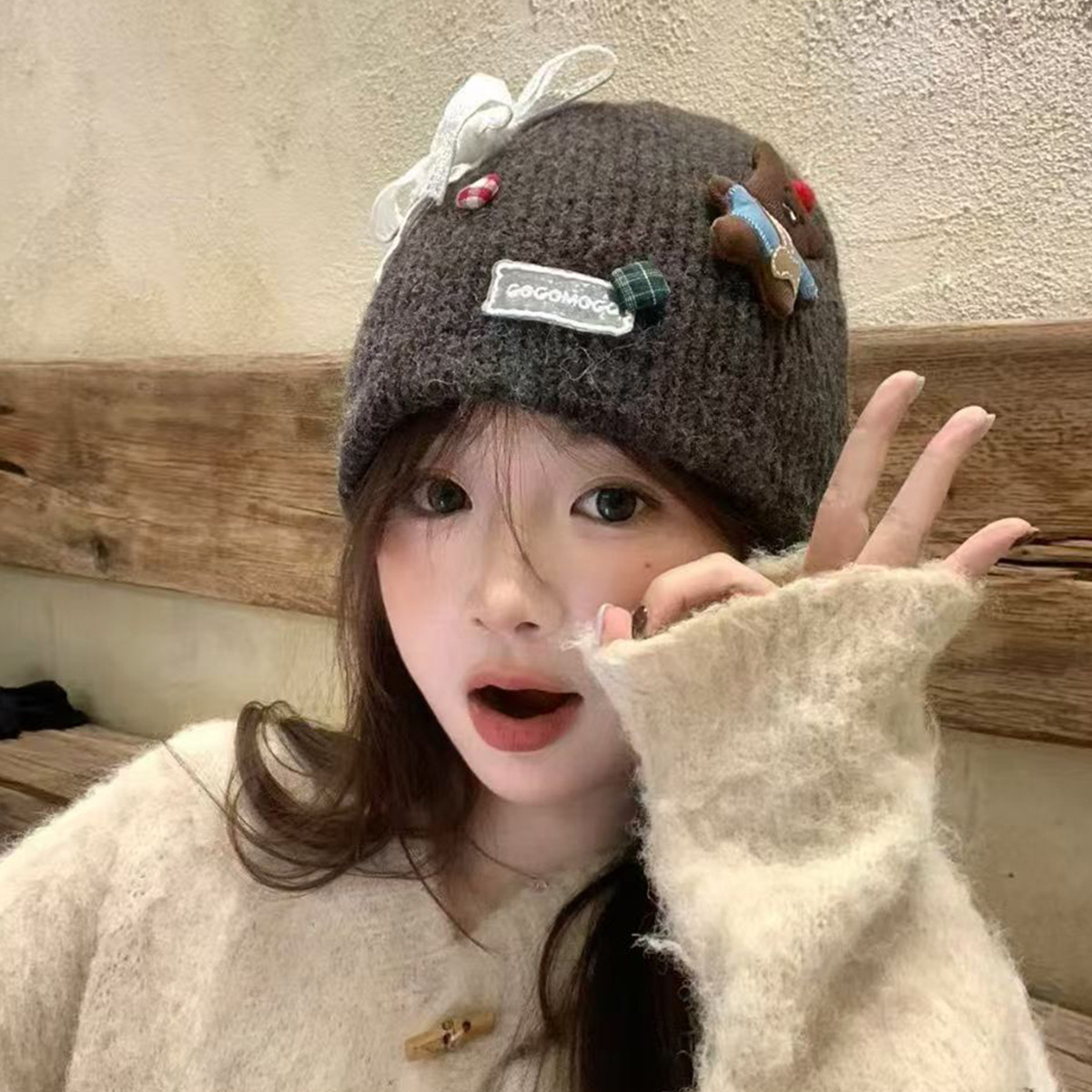 韩系ins蝴蝶结小熊毛线帽女秋冬百搭护耳保暖针织帽子显脸小冷帽详情3