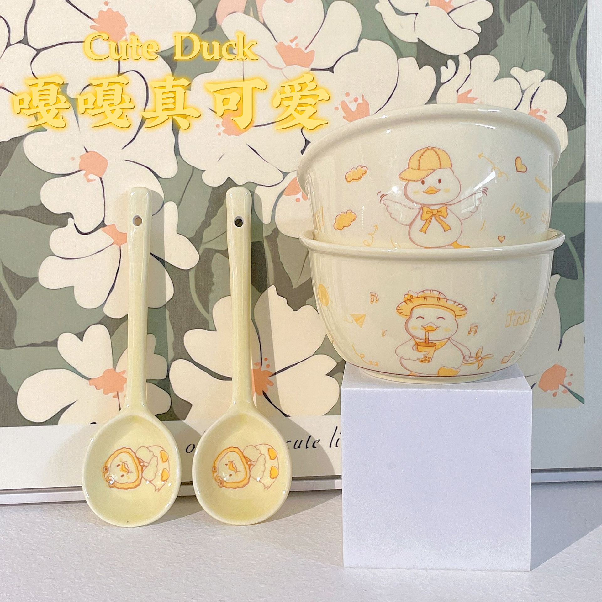 【Hello Bear 2 Bowls 2 Spoons 】4.75 Inch Rice Bowl Large Capacity Complementary Food Bowl Ceramic Student Dormitory Bowl Application Scenario