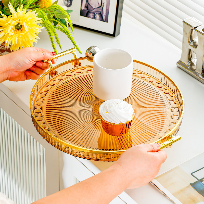 Cross-border light luxury tea tray, home living room tray, tea sets, cup rack, tea cups and water cups, round single-layer draining tray, golden castle vase details Picture