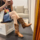 复古刺绣V马丁靴女夏棕色粗跟靴子网红骑士靴短靴西部牛仔靴34-44图