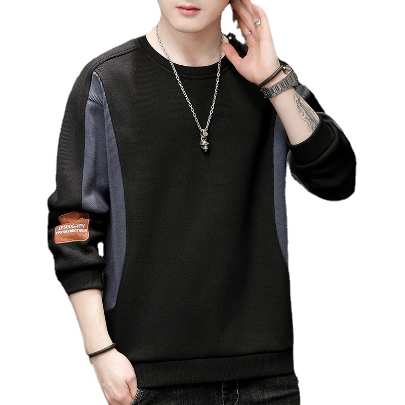 New autumn men's hoodie, youth pullover, ribbed fabric, Korean long-sleeved base layer, round-neck top for men Item Picture