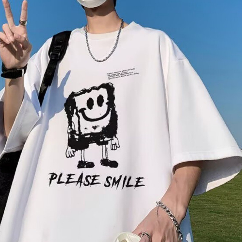 Pure cotton summer short-sleeved cartoon student T-shirt with a loose and youthful feel, casual and trendy short-sleeved for junior high school students details Picture
