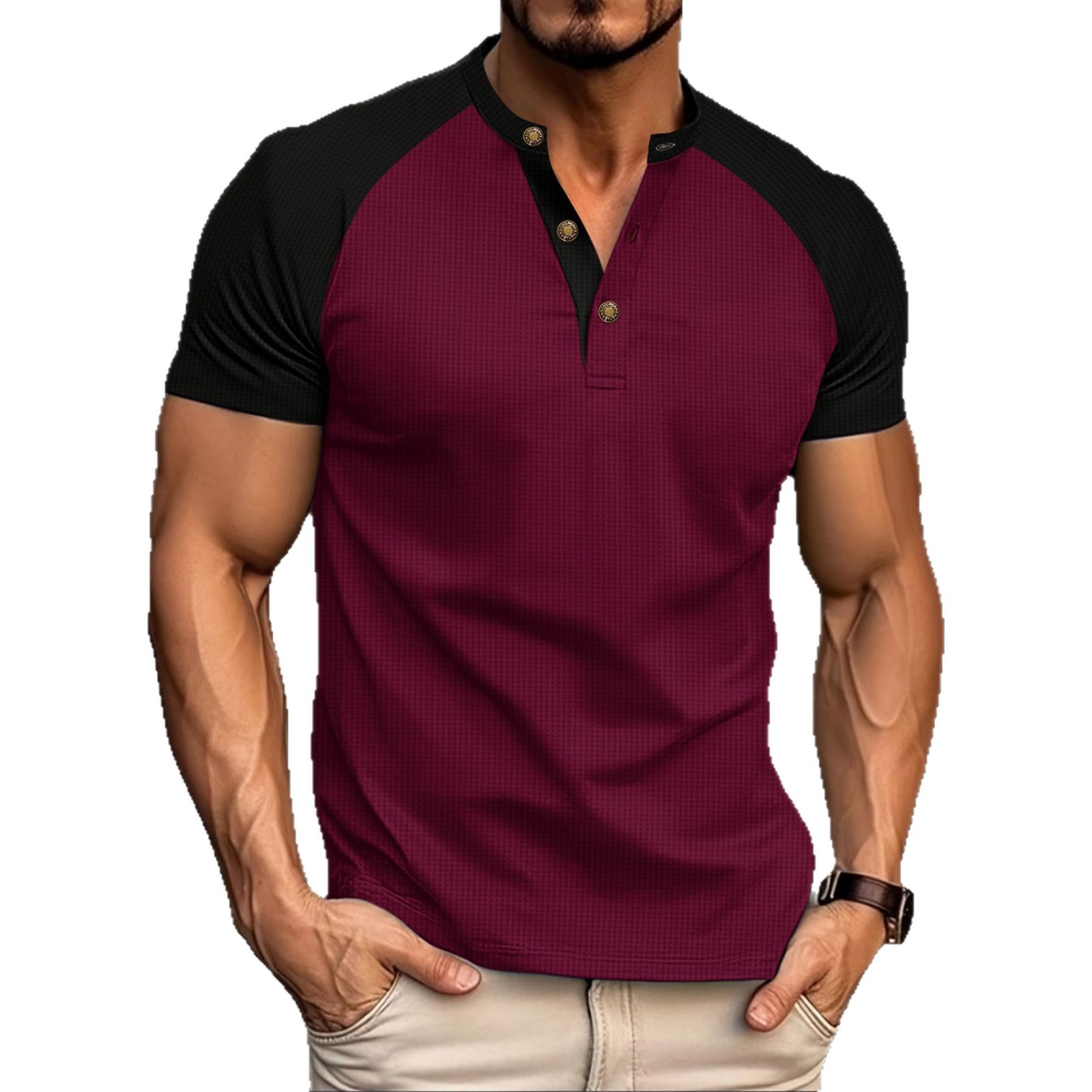 A new cross-border summer men's round-neck Waffle 3-button breathable color-blocked off-the-shoulder short-sleeved casual T-shirt Item Picture