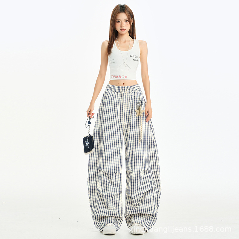 新塘牛仔之都格子裤女设计感百搭宽松弯刀裤垂感褶皱直筒休闲裤子