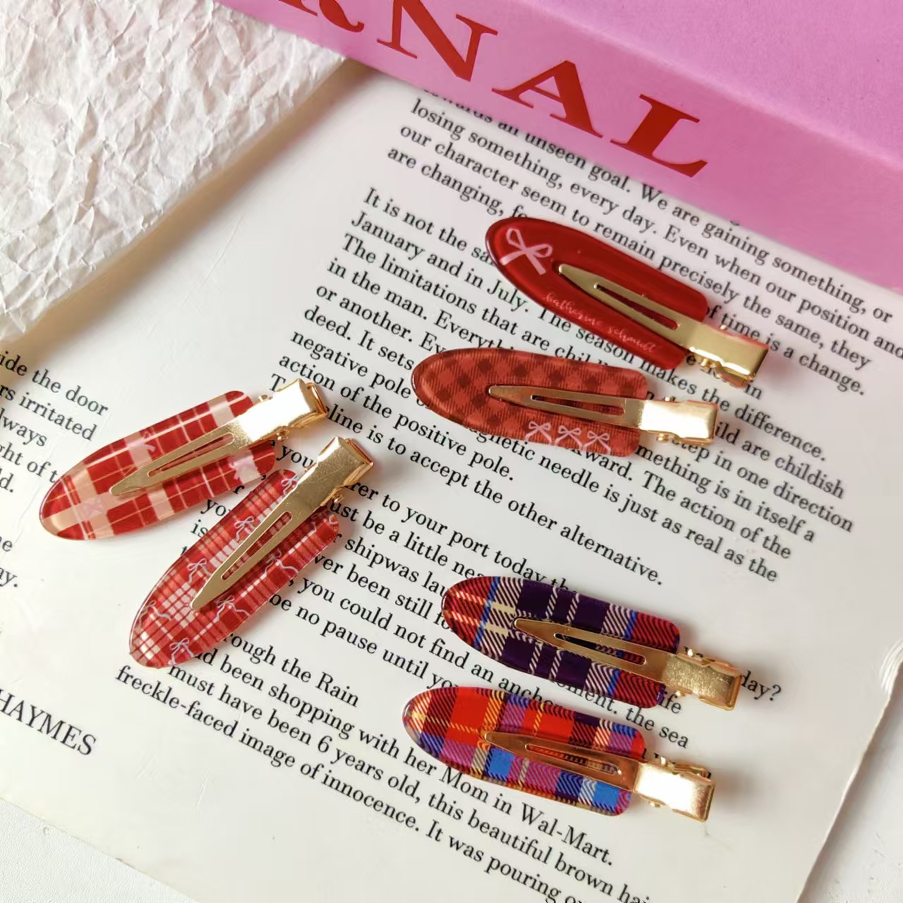 酒红蝴蝶结格纹醋酸无痕夹化妆夹圣诞新年气质刘海夹碎发夹头饰女产品图