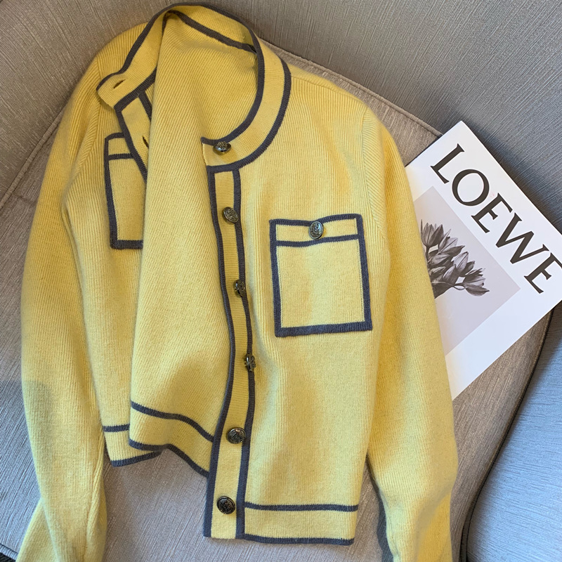 黄色短款针织衫毛衣2022早秋新款显瘦薄款时尚开衫外套女厂家货源