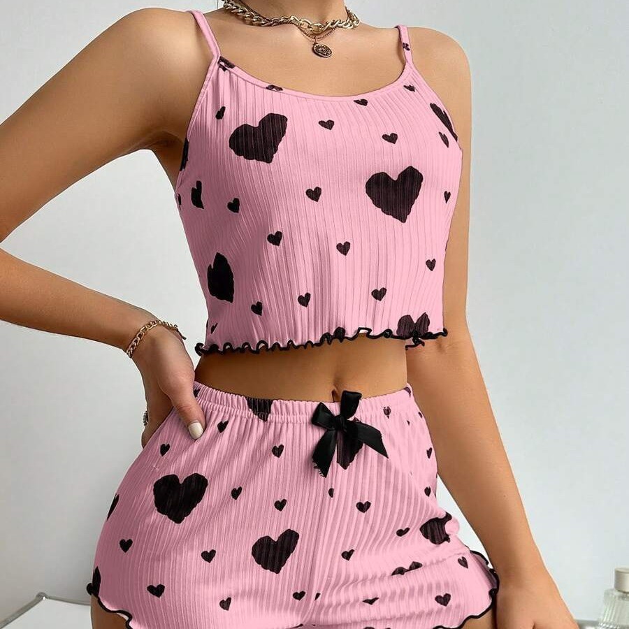 Summer new European and American 2024 knitted striped heart-shaped print design, sweet halter shorts, pure and sensual pajamas for women Specification image