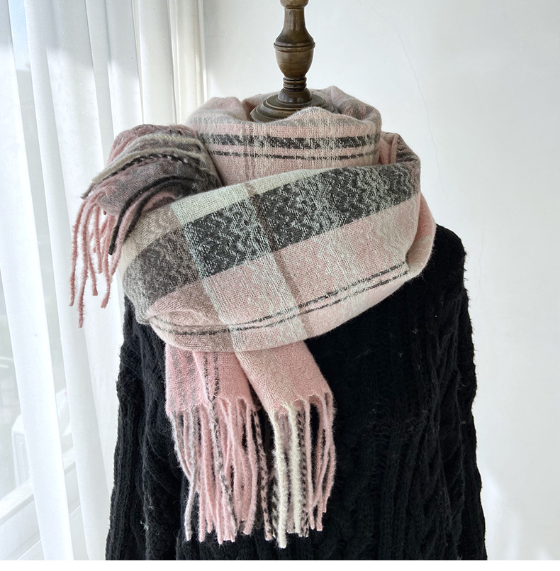 围巾女秋冬季跨境高级感仿羊绒格子流苏披肩学生加厚保暖围脖批发详情32